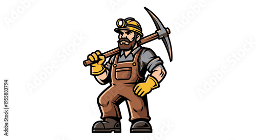 Cartoon miner with pickaxe tool.