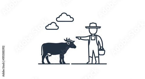 Man pointing at a black cow.