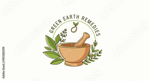 Mortar and pestle with green leaves.