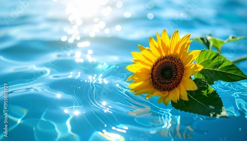 Fototapeta プールに浮かぶ一輪のひまわりの花と葉っぱ、太陽光を反射する水面とコピースペース
