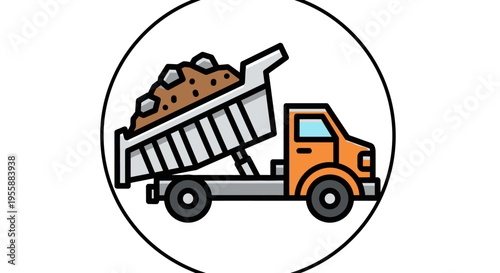 Orange dump truck with soil.