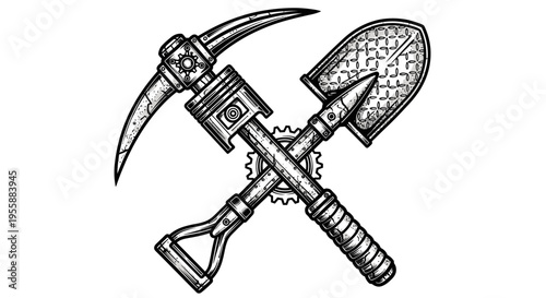 Pickaxe and shovel mining tools crossed.
