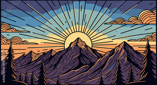 Sunset over mountains with pine trees.