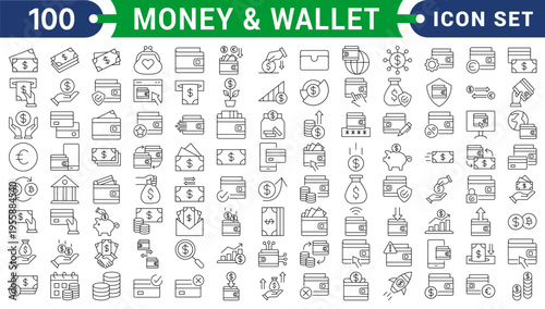 Money and Wallet set of web icons in line style. A collection of linear icons representing wallet concepts, including cash, credit cards, digital wallet, money, security, payment, mobile wallet.