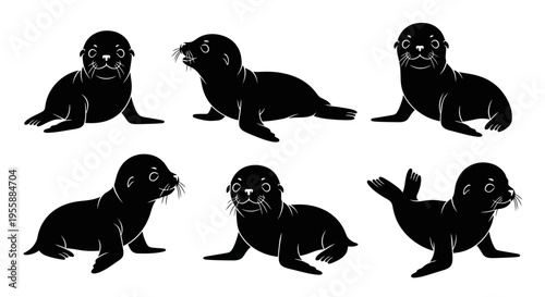 Set of Six Adorable Baby Seals in Various Poses, Black Silhouette on White Background
