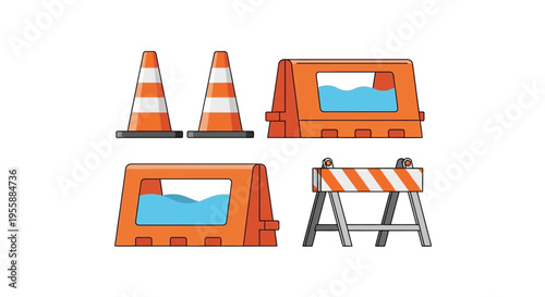 Collection of diverse roadwork safety equipment and traffic management tools vector set