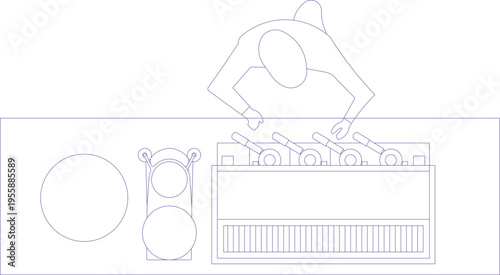 Technical architectural drawing showing kitchen or food service counter layout with human figure, work surface and equipment in plan and elevation views.