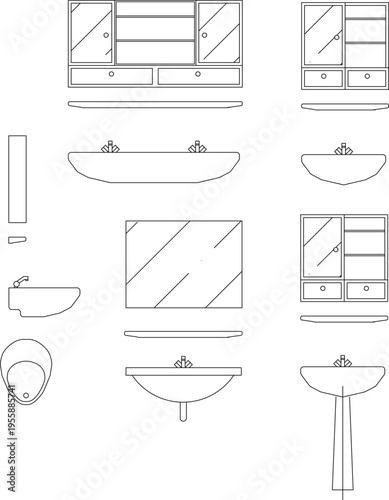 Technical architectural drawing showing bathroom fixtures including vanities with mirrors, cabinets, washbasins, sinks and toilet in plan and elevation views.