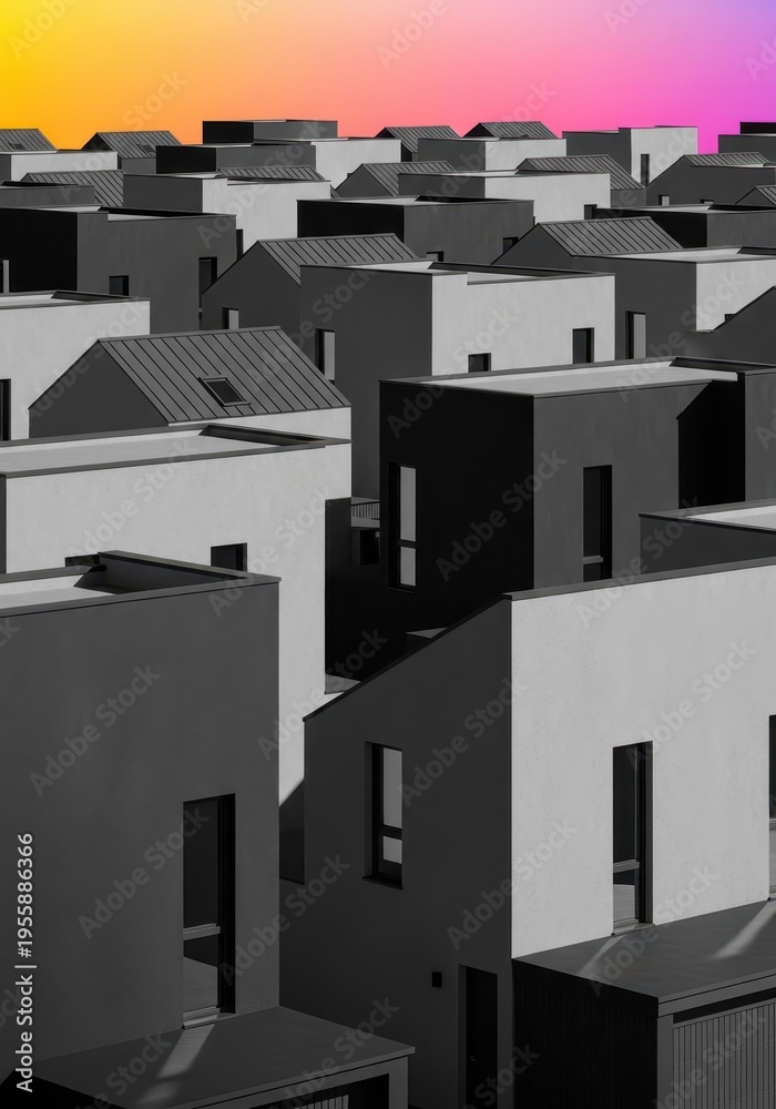 Fototapeta premium Standardized housing development featuring numerous rows of modern, identical residences rendered entirely in varying tones of gray, housing, planned, building