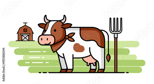 Brown and white cow standing still.