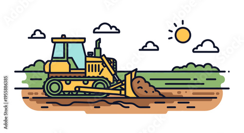 Bulldozer moving earth on construction site.