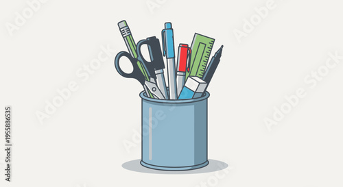 Colorful office supplies in container.