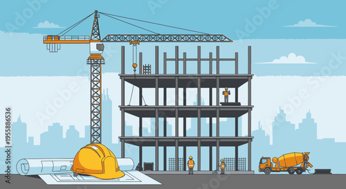 Construction site with crane and building.