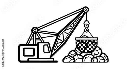 Crane lifting heavy rocks with basket.