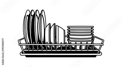 Dish rack with clean dishes inside.