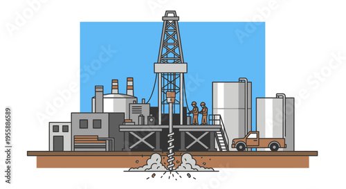 Drilling rig operation in industrial setting.