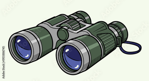 Green Binoculars with Blue Lenses Closeup.