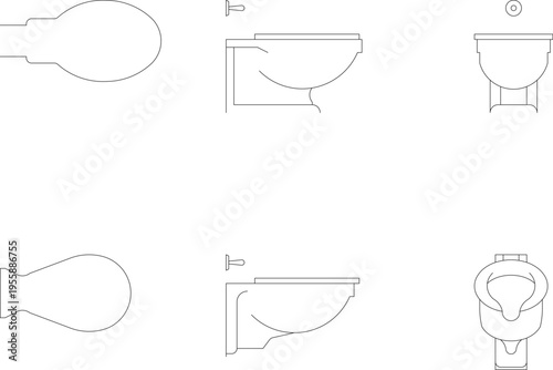 Technical architectural drawing showing bathroom fixtures including bidets and toilets in plan and elevation views with wall-mounted configurations.