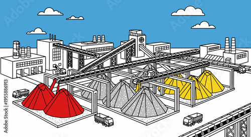 Industrial conveyor belt with colored piles.