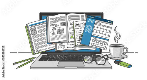 Laptop with office supplies on desk.