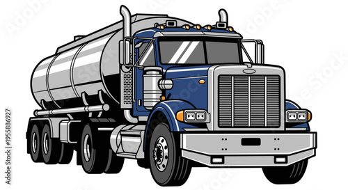 Large blue and silver tanker truck.