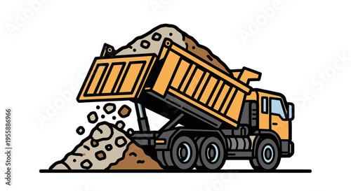 Large Yellow Dump Truck Unloading Gravel.