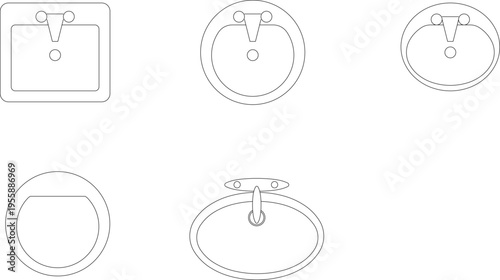 Technical architectural drawing showing various bathroom sink and washbasin designs with faucet configurations in plan and elevation views.