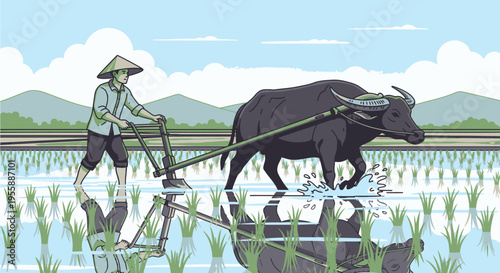 Man plowing rice field with ox.