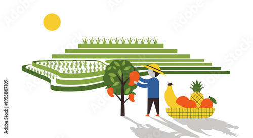 Man standing with fruit basket outdoors.