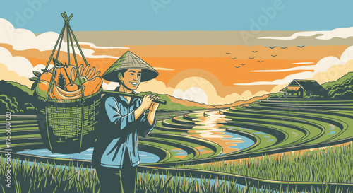 Man wearing conical hat in field.