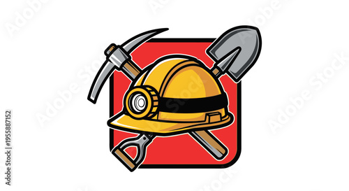 Mining helmet with pickaxe and shovel.