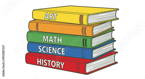 Stack of colorful educational textbooks.