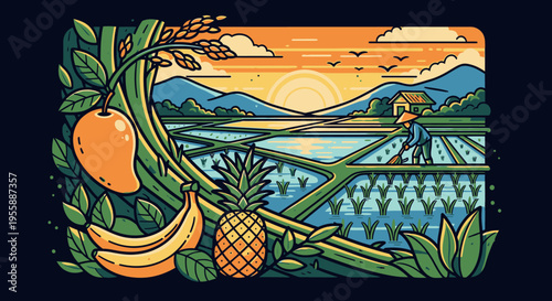 Tropical fruits on a tree branch.