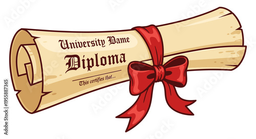 University diploma with red ribbon tied.