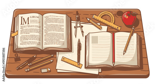 Vintage writing desk with books and pencils.