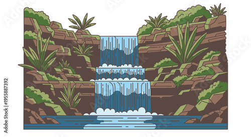 Waterfall Cascading Down Rocky Cliffside.