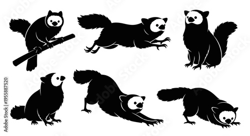 Set of Silhouettes of a Cute Animal with White Face Markings in Various Poses
