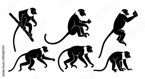 Set of Silhouettes of Monkeys in Various Poses, Black and White Vector Illustration