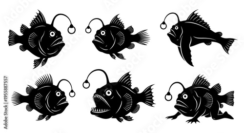 Set of Six Black and White Anglerfish Silhouettes in Various Poses