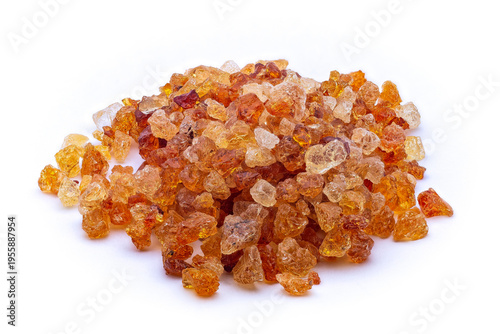 Gum Arabic Resin with Acacia senegal Leaf on White Background