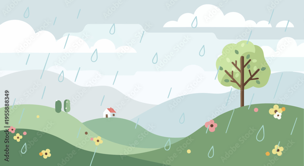 Fototapeta premium Vector illustration of a soft spring drizzle over rolling green hills with flowers and a small house.