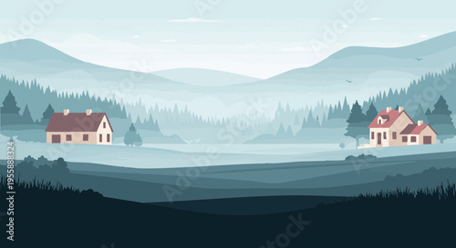 Vector illustration of a quiet countryside with houses in a foggy mountain forest.