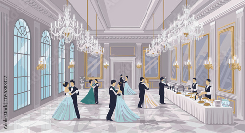 Couples in formal attire dancing the waltz in a grand, luxurious ballroom with chandeliers and a buffet.
