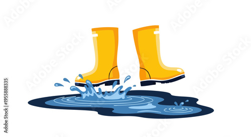 Yellow rain boots splashing in a puddle. Vector illustration of a person jumping in water on a rainy day.