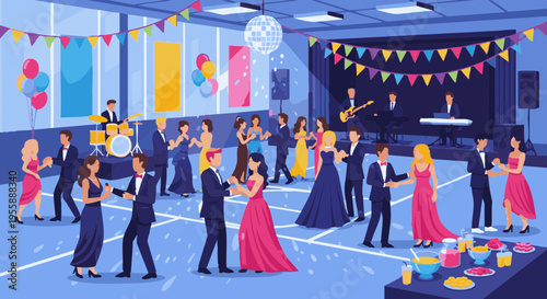 High school prom night vector illustration with young couples dancing to a live band in a decorated hall.
