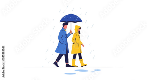 A couple in colorful raincoats walks together in the rain, sharing a single blue umbrella.