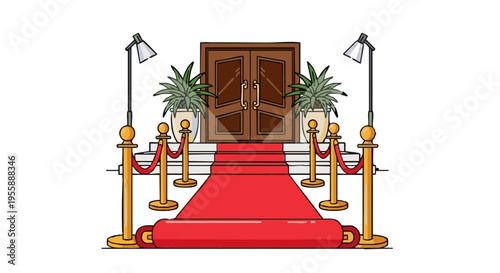 Red carpet rolled out on stairs to an entrance with golden stanchions, vector illustration.