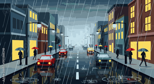 Vector illustration of a rainy city street at night with people, umbrellas, and cars.