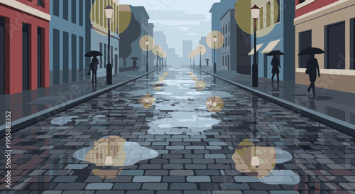 People with umbrellas on a wet cobblestone street in a city. Vector illustration of a rainy evening with reflections from streetlights.