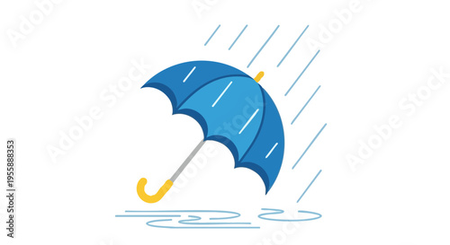 Blue umbrella in the rain with a puddle. Simple flat vector illustration of rainy weather on a white background.